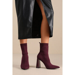 Lulus Feliciaa Wine Ribbed Knit Pointed-toe Sock Boots Purple - Size 8